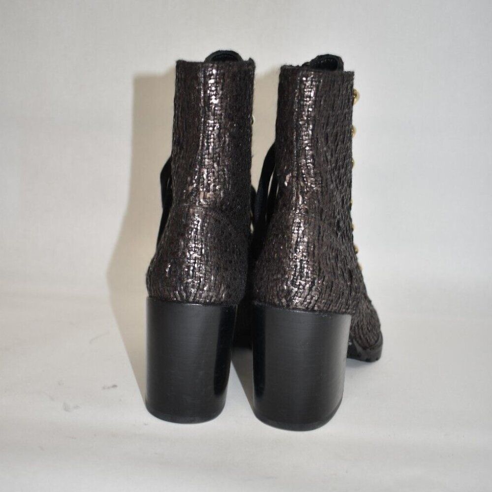 $750 STUART WEITZMAN Ivey Tweed High Block Heel Combat Boots COFFEE 7.5 (PA29) - Picture 5 of 8